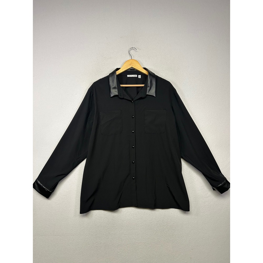 Edgy Chic Notations Woman Plus Size 3X Black Faux Leather Trim Button Down Shirt